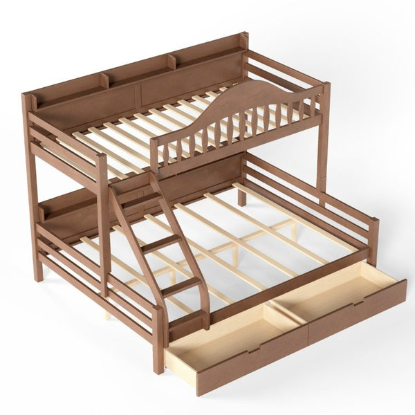 English Elm Twin XL Over Queen Solid Pine Bunk Bed with Arched Rails and Pull Out Storage Drawers Deep Natural W5305S00156