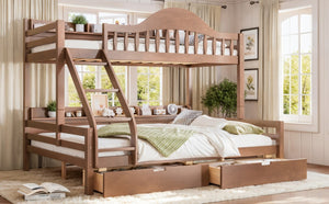 English Elm Twin XL Over Queen Solid Pine Bunk Bed with Arched Rails and Pull Out Storage Drawers Deep Natural W5305S00156