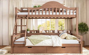 English Elm Twin XL Over Queen Solid Pine Bunk Bed with Arched Rails and Pull Out Storage Drawers Deep Natural W5305S00156