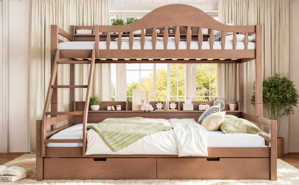 English Elm Twin XL Over Queen Solid Pine Bunk Bed with Arched Rails and Pull Out Storage Drawers Deep Natural W5305S00156