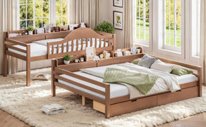 English Elm Twin XL Over Queen Solid Pine Bunk Bed with Arched Rails and Pull Out Storage Drawers Deep Natural W5305S00156
