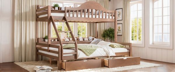 English Elm Twin XL Over Queen Solid Pine Bunk Bed with Arched Rails and Pull Out Storage Drawers Deep Natural W5305S00156