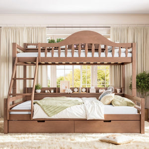English Elm Twin XL Over Queen Solid Pine Bunk Bed with Arched Rails and Pull Out Storage Drawers Deep Natural W5305S00156