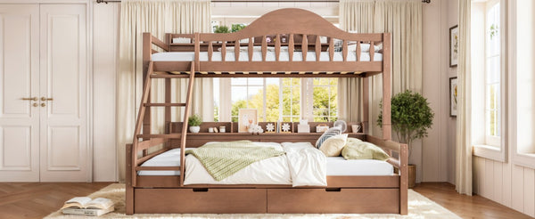 English Elm Twin XL Over Queen Solid Pine Bunk Bed with Arched Rails and Pull Out Storage Drawers Deep Natural W5305S00156