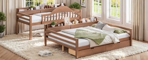 English Elm Twin XL Over Queen Solid Pine Bunk Bed with Arched Rails and Pull Out Storage Drawers Deep Natural W5305S00156