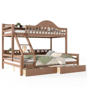 English Elm Twin XL Over Queen Solid Pine Bunk Bed with Arched Rails and Pull Out Storage Drawers Deep Natural W5305S00156