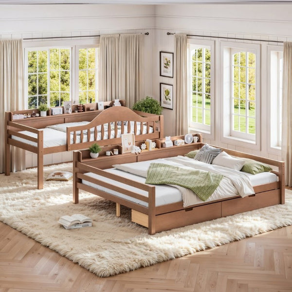 English Elm Twin XL Over Queen Solid Pine Bunk Bed with Arched Rails and Pull Out Storage Drawers Deep Natural W5305S00156