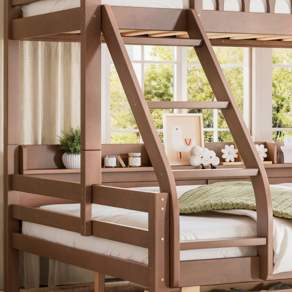 English Elm Twin XL Over Queen Solid Pine Bunk Bed with Arched Rails and Pull Out Storage Drawers Deep Natural W5305S00156