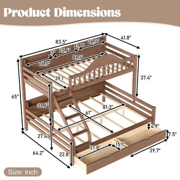 English Elm Twin XL Over Queen Solid Pine Bunk Bed with Arched Rails and Pull Out Storage Drawers Deep Natural W5305S00156