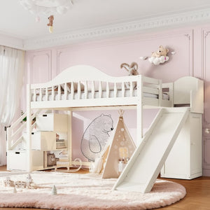 English Elm Twin Loft Bed Pine Frame with Storage Stairs Slide Wardrobe and Slatted Guardrail Beige W5305S00157