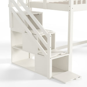English Elm Twin Loft Bed Pine Frame with Storage Stairs Slide Wardrobe and Slatted Guardrail Beige W5305S00157