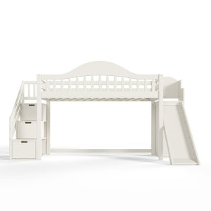 English Elm Twin Loft Bed Pine Frame with Storage Stairs Slide Wardrobe and Slatted Guardrail Beige W5305S00157