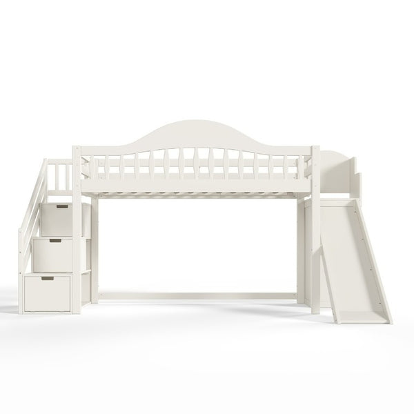 English Elm Twin Loft Bed Pine Frame with Storage Stairs Slide Wardrobe and Slatted Guardrail Beige W5305S00157