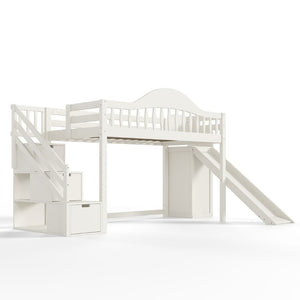 English Elm Twin Loft Bed Pine Frame with Storage Stairs Slide Wardrobe and Slatted Guardrail Beige W5305S00157