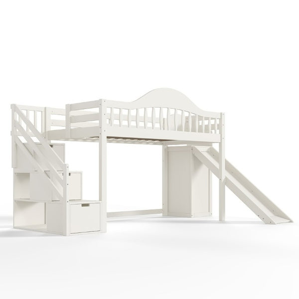 English Elm Twin Loft Bed Pine Frame with Storage Stairs Slide Wardrobe and Slatted Guardrail Beige W5305S00157