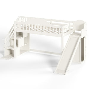 English Elm Twin Loft Bed Pine Frame with Storage Stairs Slide Wardrobe and Slatted Guardrail Beige W5305S00157
