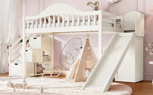 English Elm Twin Loft Bed Pine Frame with Storage Stairs Slide Wardrobe and Slatted Guardrail Beige W5305S00157