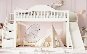 English Elm Twin Loft Bed Pine Frame with Storage Stairs Slide Wardrobe and Slatted Guardrail Beige W5305S00157