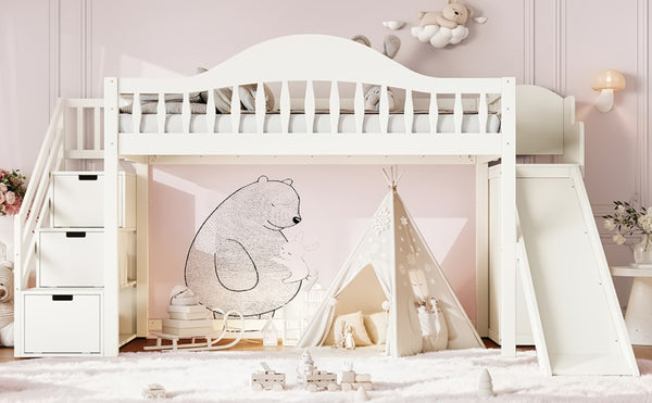 English Elm Twin Loft Bed Pine Frame with Storage Stairs Slide Wardrobe and Slatted Guardrail Beige W5305S00157