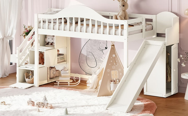 English Elm Twin Loft Bed Pine Frame with Storage Stairs Slide Wardrobe and Slatted Guardrail Beige W5305S00157