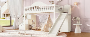 English Elm Twin Loft Bed Pine Frame with Storage Stairs Slide Wardrobe and Slatted Guardrail Beige W5305S00157