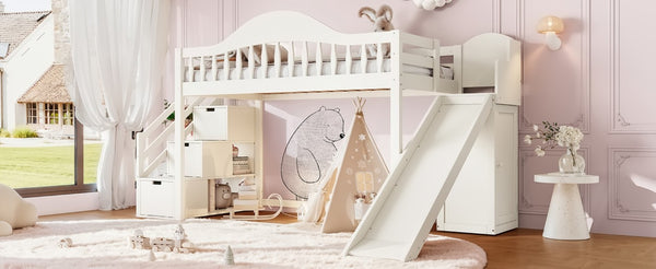 English Elm Twin Loft Bed Pine Frame with Storage Stairs Slide Wardrobe and Slatted Guardrail Beige W5305S00157
