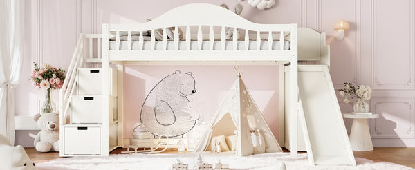 English Elm Twin Loft Bed Pine Frame with Storage Stairs Slide Wardrobe and Slatted Guardrail Beige W5305S00157