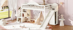 English Elm Twin Loft Bed Pine Frame with Storage Stairs Slide Wardrobe and Slatted Guardrail Beige W5305S00157