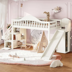 English Elm Twin Loft Bed Pine Frame with Storage Stairs Slide Wardrobe and Slatted Guardrail Beige W5305S00157
