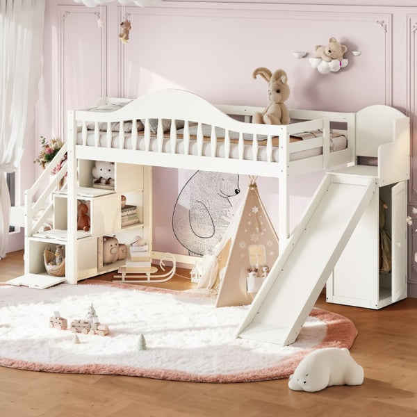 English Elm Twin Loft Bed Pine Frame with Storage Stairs Slide Wardrobe and Slatted Guardrail Beige W5305S00157