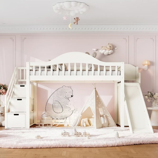 English Elm Twin Loft Bed Pine Frame with Storage Stairs Slide Wardrobe and Slatted Guardrail Beige W5305S00157