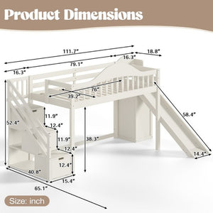 English Elm Twin Loft Bed Pine Frame with Storage Stairs Slide Wardrobe and Slatted Guardrail Beige W5305S00157