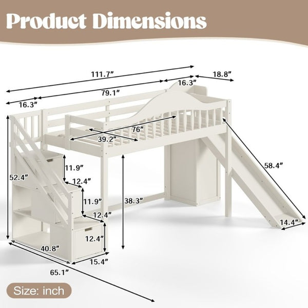 English Elm Twin Loft Bed Pine Frame with Storage Stairs Slide Wardrobe and Slatted Guardrail Beige W5305S00157