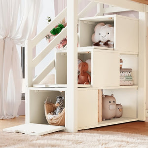 English Elm Twin Loft Bed Pine Frame with Storage Stairs Slide Wardrobe and Slatted Guardrail Beige W5305S00157
