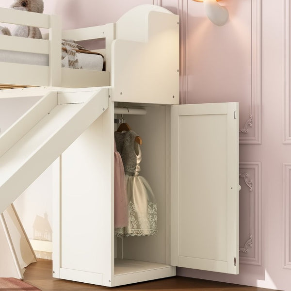 English Elm Twin Loft Bed Pine Frame with Storage Stairs Slide Wardrobe and Slatted Guardrail Beige W5305S00157