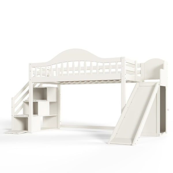English Elm Twin Loft Bed Pine Frame with Storage Stairs Slide Wardrobe and Slatted Guardrail Beige W5305S00157