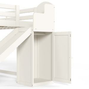 English Elm Twin Loft Bed Pine Frame with Storage Stairs Slide Wardrobe and Slatted Guardrail Beige W5305S00157