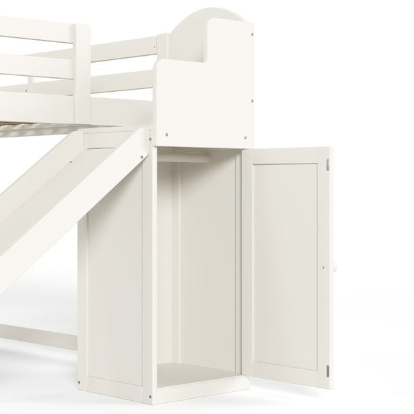 English Elm Twin Loft Bed Pine Frame with Storage Stairs Slide Wardrobe and Slatted Guardrail Beige W5305S00157
