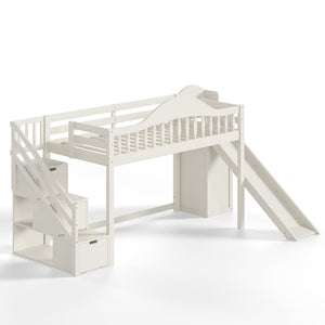 English Elm Twin Loft Bed Pine Frame with Storage Stairs Slide Wardrobe and Slatted Guardrail Beige W5305S00157