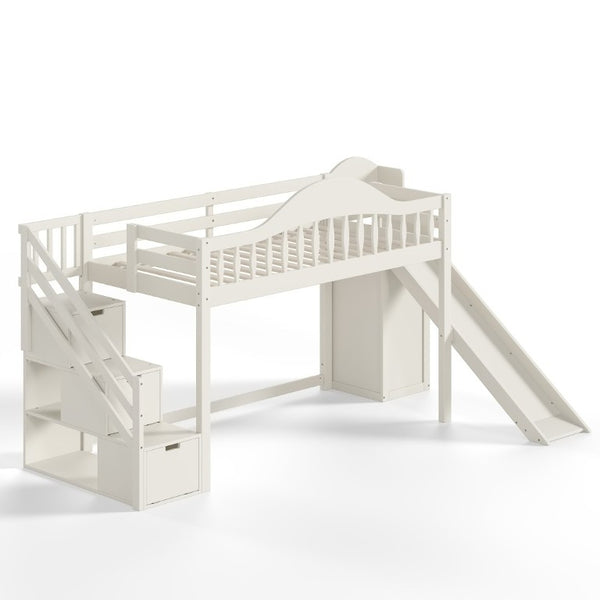 English Elm Twin Loft Bed Pine Frame with Storage Stairs Slide Wardrobe and Slatted Guardrail Beige W5305S00157
