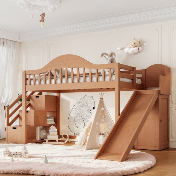 English Elm Twin Loft Bed Pine Frame with Storage Stairs Slide Wardrobe and Slatted Guardrail Walnut W5305S00158