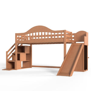 English Elm Twin Loft Bed Pine Frame with Storage Stairs Slide Wardrobe and Slatted Guardrail Walnut W5305S00158