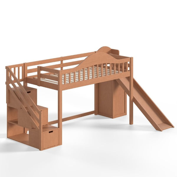 English Elm Twin Loft Bed Pine Frame with Storage Stairs Slide Wardrobe and Slatted Guardrail Walnut W5305S00158