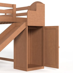English Elm Twin Loft Bed Pine Frame with Storage Stairs Slide Wardrobe and Slatted Guardrail Walnut W5305S00158