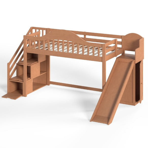 English Elm Twin Loft Bed Pine Frame with Storage Stairs Slide Wardrobe and Slatted Guardrail Walnut W5305S00158