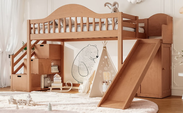 English Elm Twin Loft Bed Pine Frame with Storage Stairs Slide Wardrobe and Slatted Guardrail Walnut W5305S00158