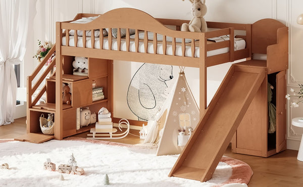 English Elm Twin Loft Bed Pine Frame with Storage Stairs Slide Wardrobe and Slatted Guardrail Walnut W5305S00158