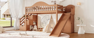 English Elm Twin Loft Bed Pine Frame with Storage Stairs Slide Wardrobe and Slatted Guardrail Walnut W5305S00158