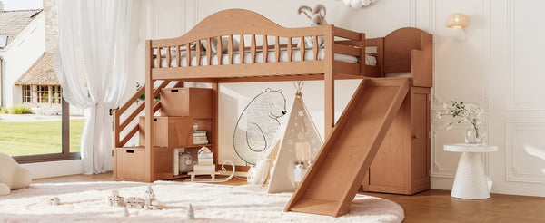 English Elm Twin Loft Bed Pine Frame with Storage Stairs Slide Wardrobe and Slatted Guardrail Walnut W5305S00158