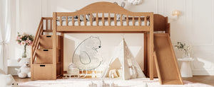 English Elm Twin Loft Bed Pine Frame with Storage Stairs Slide Wardrobe and Slatted Guardrail Walnut W5305S00158